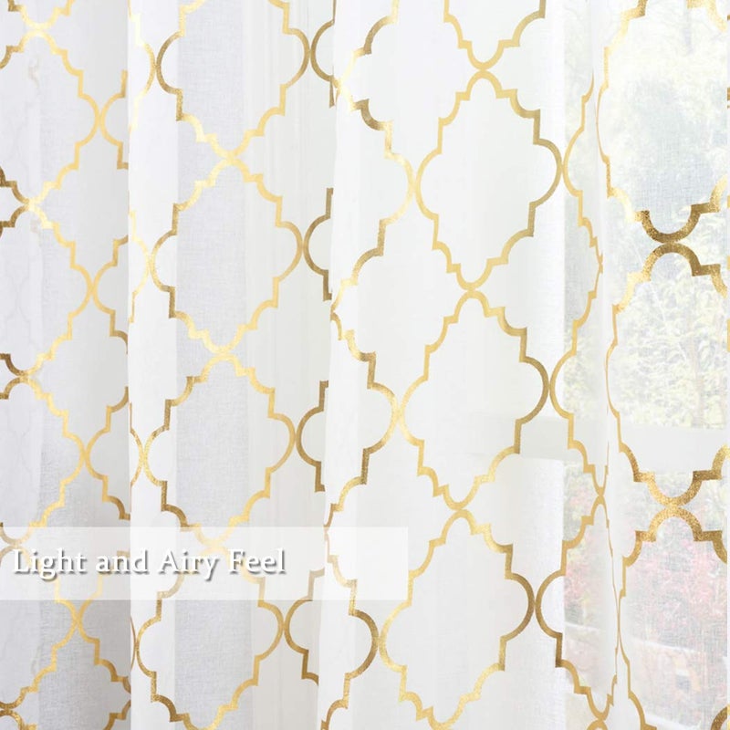 Kotile Gold White Sheer Curtains 95 Inch Length 2 Panels Metallic Foil Print Shimmer Sheer Curtains for Living Room, Grommet Privacy Light Filtering Elegant Window Curtains, W52 x L95 Inch - Image 3